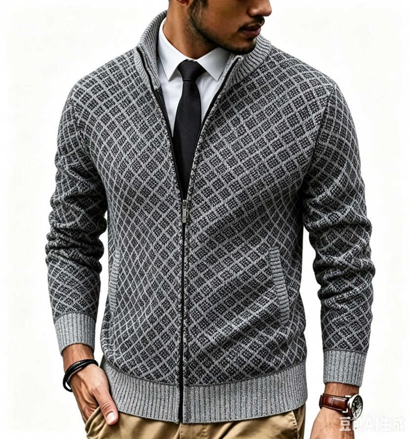 Herren Strukturierte Strickjacke mit Stehkragen und Diamant-Jacquard Echo Archiv