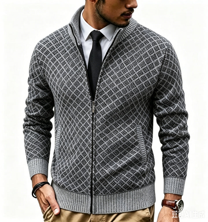 Herren Strukturierte Strickjacke mit Stehkragen und Diamant-Jacquard Echo Archiv
