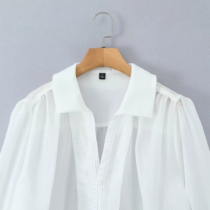 Damen Transparente Chiffon-Bluse mit Spitzenbesatz, Ballonärmeln und breiten Manschetten Echo Archiv
