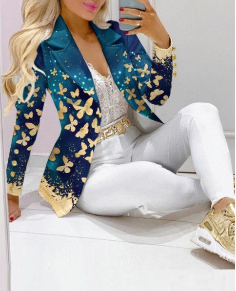 Damen Zweiteiliges Blazer-und-Hose-Set mit Schmetterlingsprint und glamourösem Glitzereffekt – Valéne