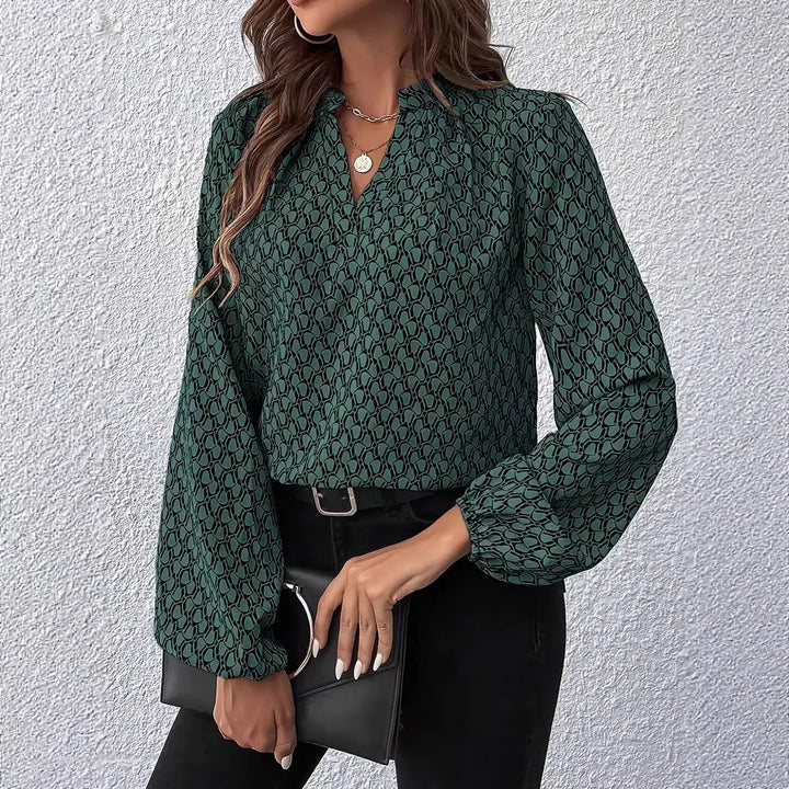 Damen Gemusterte Viskose-Bluse mit Stehkragen und Ballonärmeln – Élovi