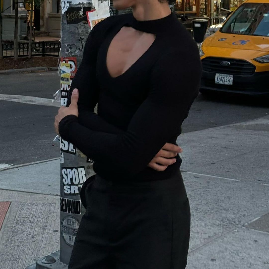 Damen nan figurbetontes Langarm-Top mit Cut-Out und Stehkragen Echo Archiv