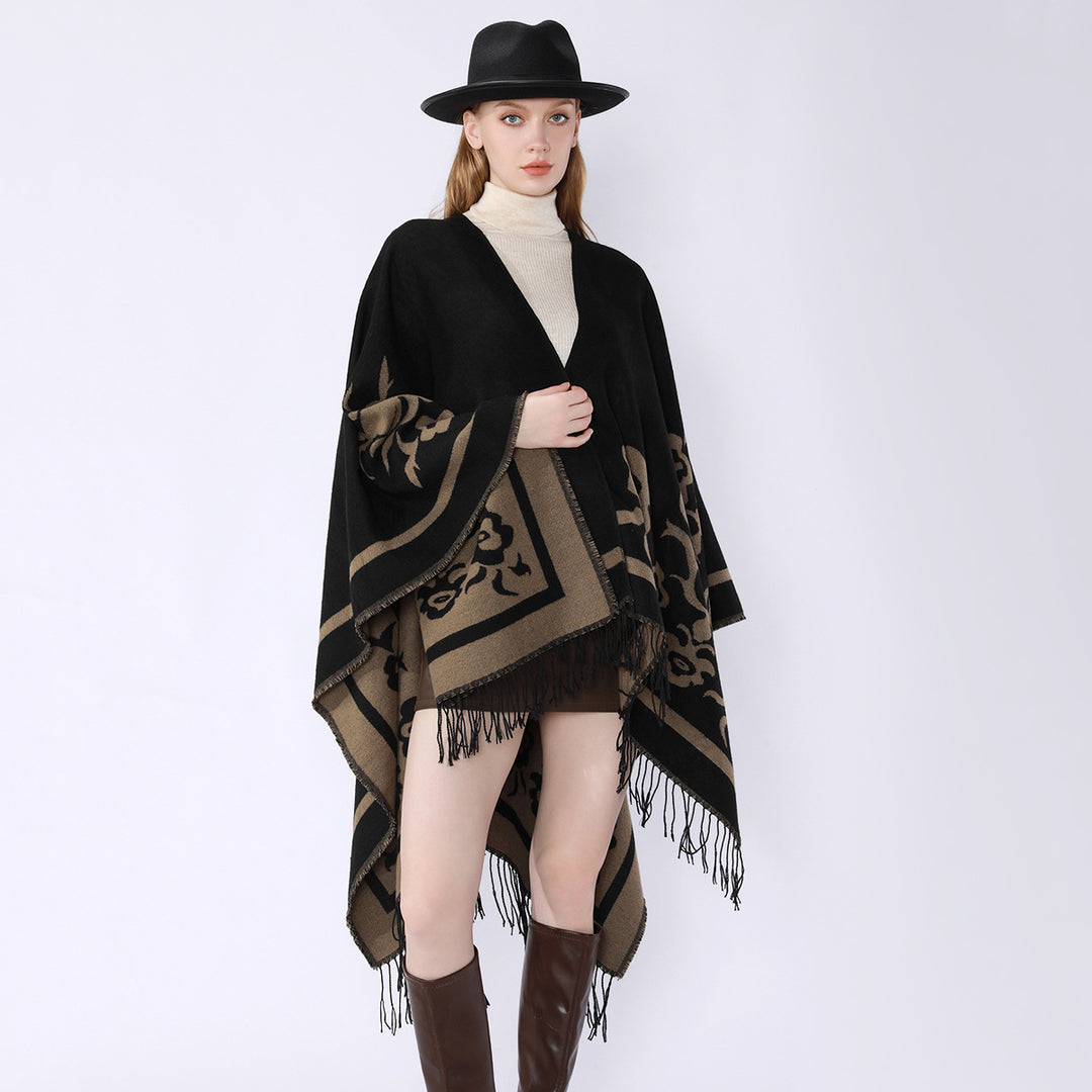 Damen Umhangponcho mit floralen Jacquard-Panels und Fransensaum – Célinea