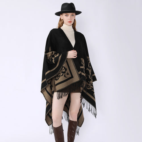 Damen Umhangponcho mit floralen Jacquard-Panels und Fransensaum – Célinea