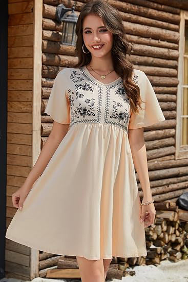 Damen Besticktes Empire-Kleid mit V-Ausschnitt, Kurzärmeln und ausgestelltem Rock Echo Archiv