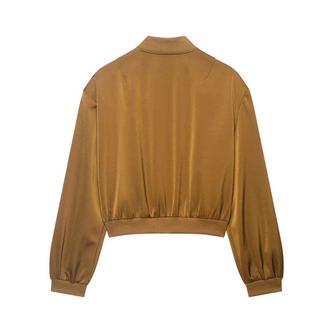 Damen Cropped Satin-Bomberjacke mit Reißverschluss, Pattentaschen und Rippbündchen Echo Archiv