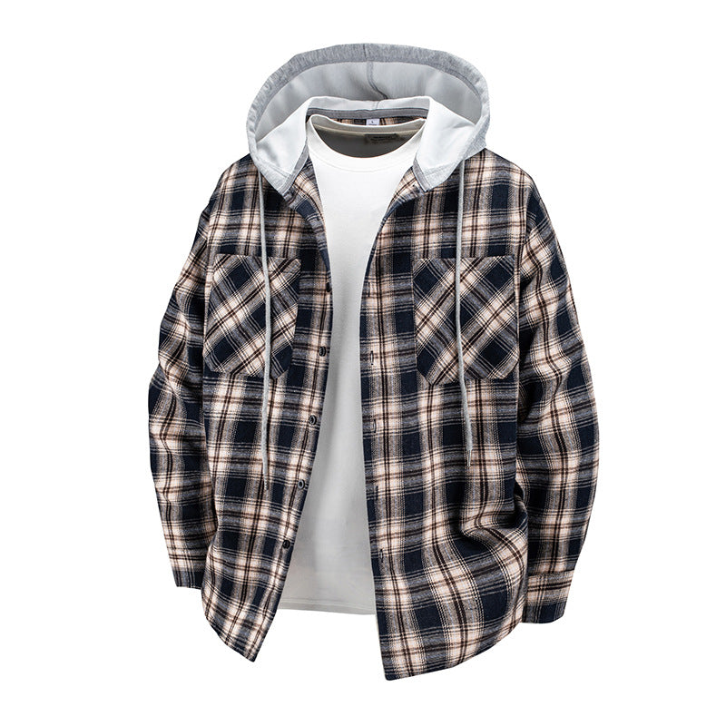 Herren -Layered-Flanell-Overshirt mit angenähter Kapuze und Brusttaschen Echo Archiv