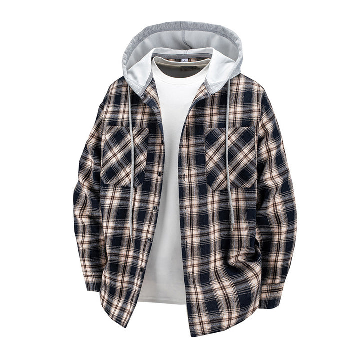 Herren -Layered-Flanell-Overshirt mit angenähter Kapuze und Brusttaschen Echo Archiv