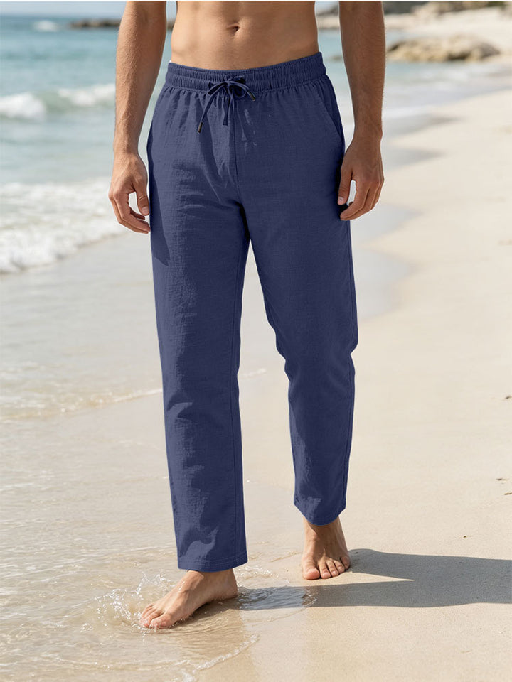 Herren Leichte Leinen-Baumwoll-Hose mit Tunnelzug, elastischem Bund und geradem Schnitt Echoarchiv