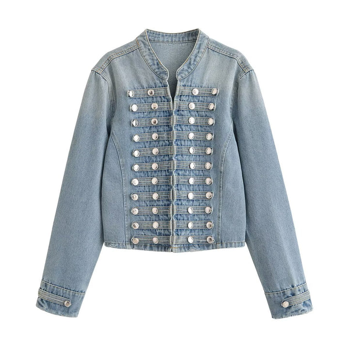 Damen Kurze taillierte Jeansjacke im Militärlook mit doppelten Zierknopfreihen Echoarchiv
