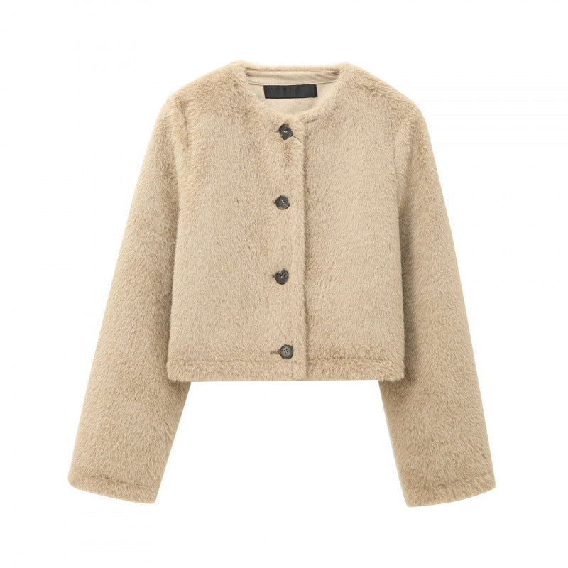Damen Cropped Teddy‑Jacke mit geradem Saum, Rundhals und Hornknopfverschluss Echo Archiv