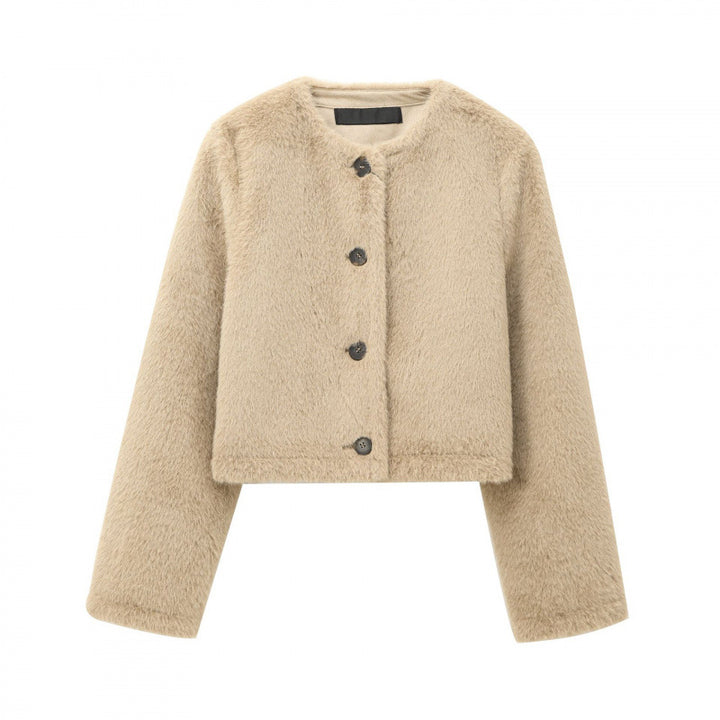 Damen Cropped Teddy‑Jacke mit geradem Saum, Rundhals und Hornknopfverschluss Echo Archiv