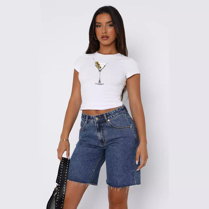 Damen Kurzarm Crop-Top mit fruchtigem Motiv und figurbetontem Schnitt Echo Archiv