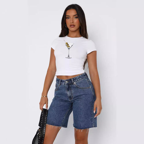 Damen Kurzarm Crop-Top mit fruchtigem Motiv und figurbetontem Schnitt Echo Archiv