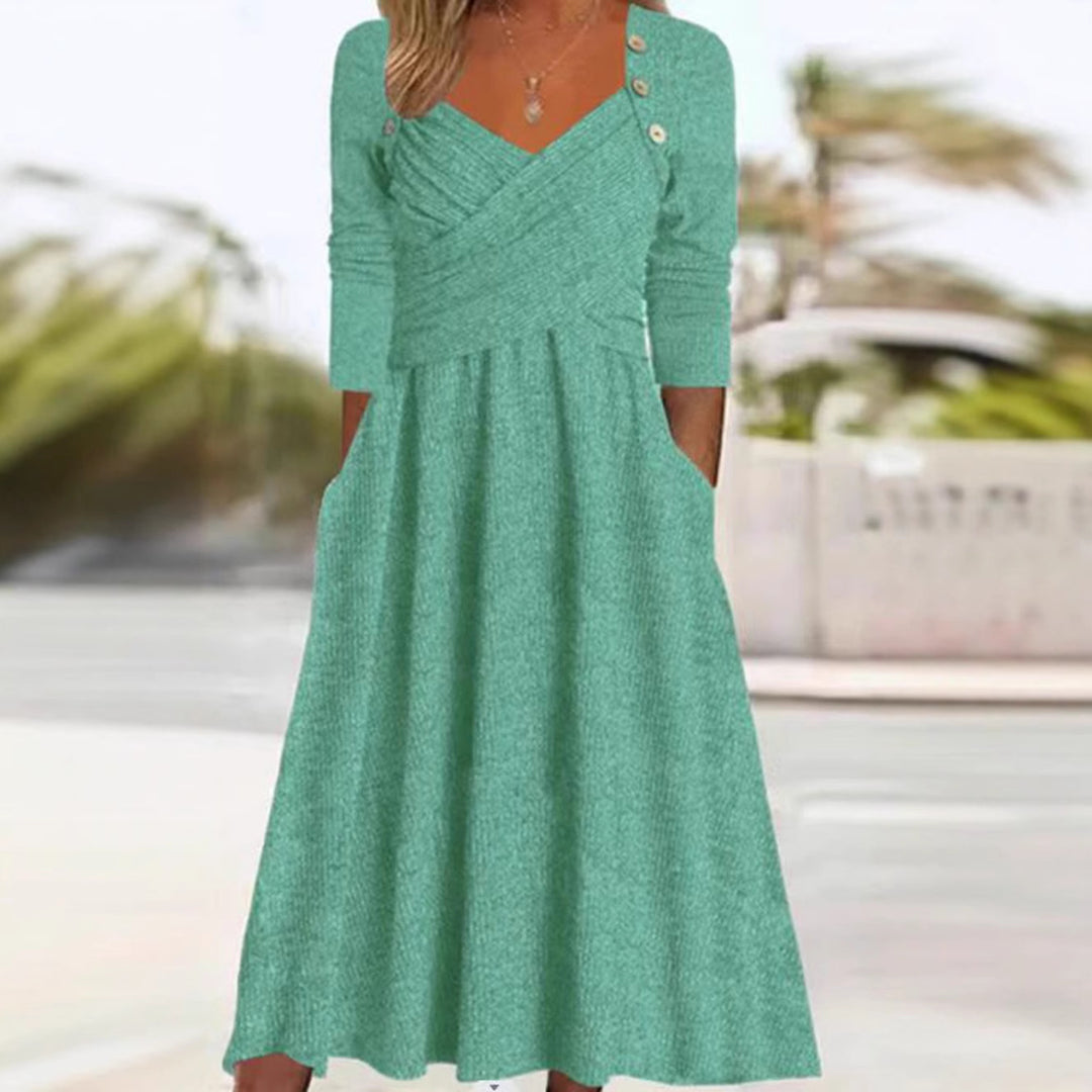 Damen nan legeres Strick-Maxikleid mit Wickeloberteil V-Ausschnitt Eingrifftaschen und Zierknopfleiste Echo Archiv