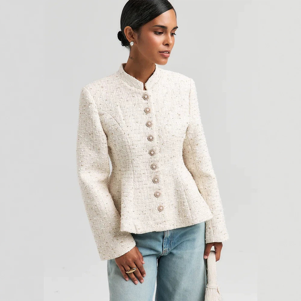 Damen Bouclé-Blazer mit Stehkragen und taillierter Schößchen-Silhouette Echoarchiv