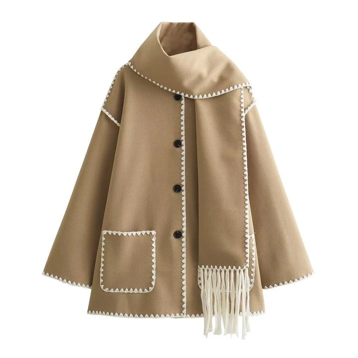 Damen Cape-Mantel mit angesetztem Fransen-Schal und Zier-Zickzacknaht Echo Archiv