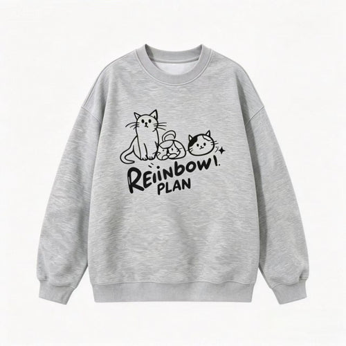 Unisex Oversize Baumwoll-Sweatshirt mit Katzenprint, Rundhalsausschnitt und Rippbündchen Echo Archiv