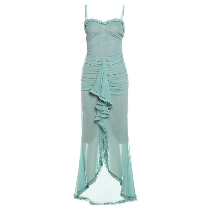 Damen Elegantes Maxikleid mit Rüschendetails und leicht transparentem Stoff Echo Archiv