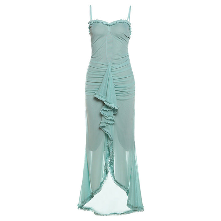 Damen Elegantes Maxikleid mit Rüschendetails und leicht transparentem Stoff Echo Archiv