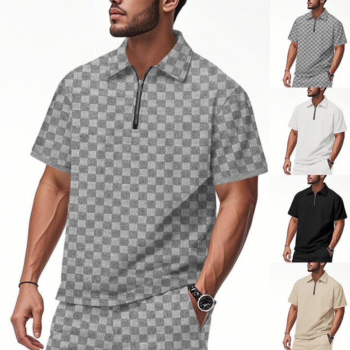 Herren nan kurzes Halbzip-Poloshirt aus strukturierter Waffelpiqué mit Hemdkragen und figurbetonter Passform Echo Archiv