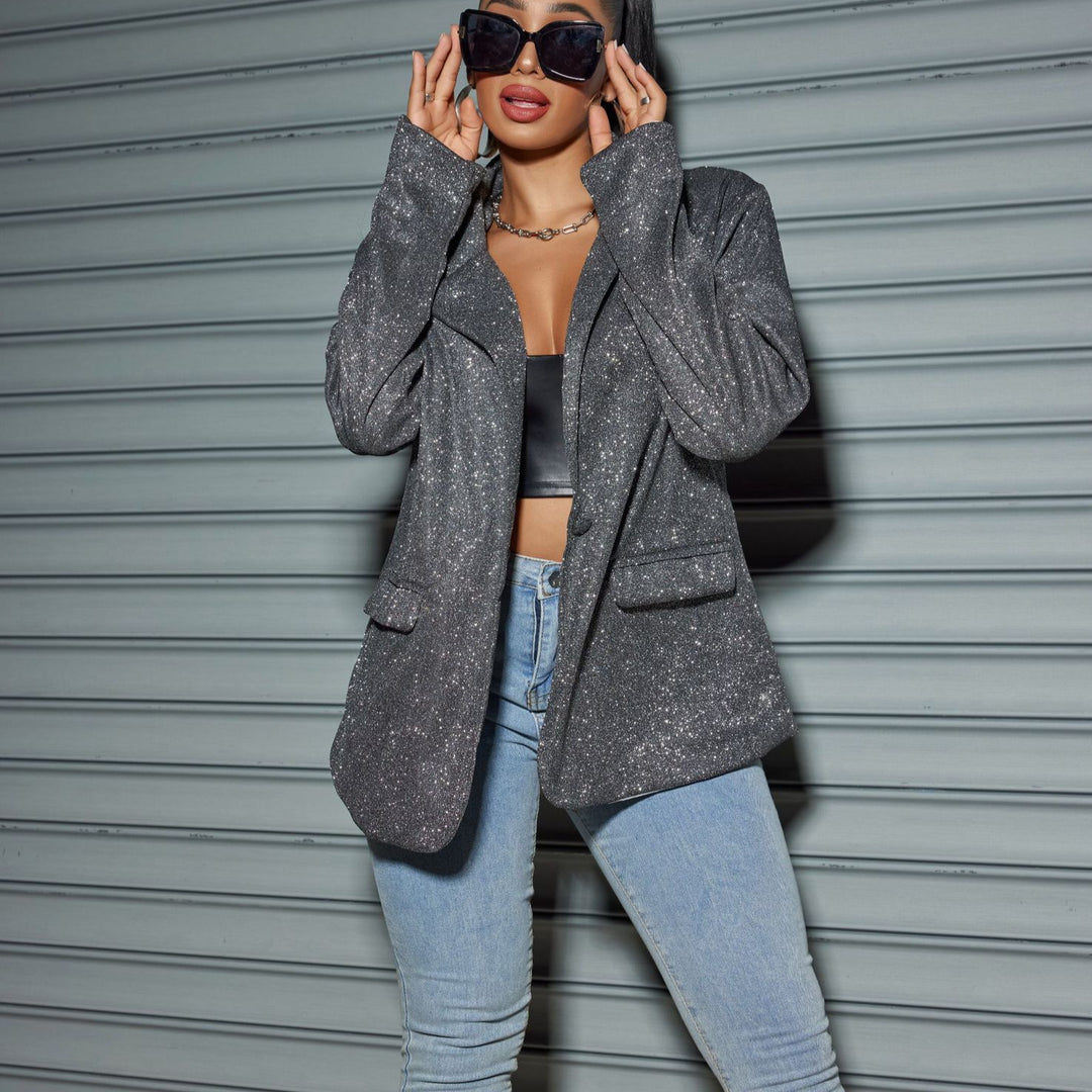 Damen Glitzernder Oversize-Blazer mit Pattentaschen & schimmernder Struktur Echoarchiv