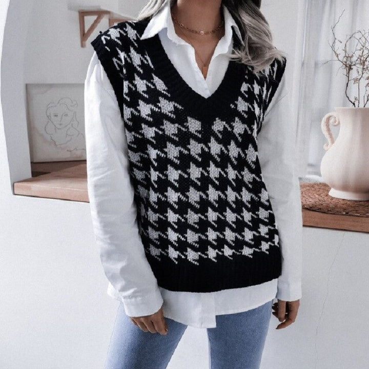 Damen Oversize Strickweste mit Hahnentritt-Muster und V-Ausschnitt Echo Archiv