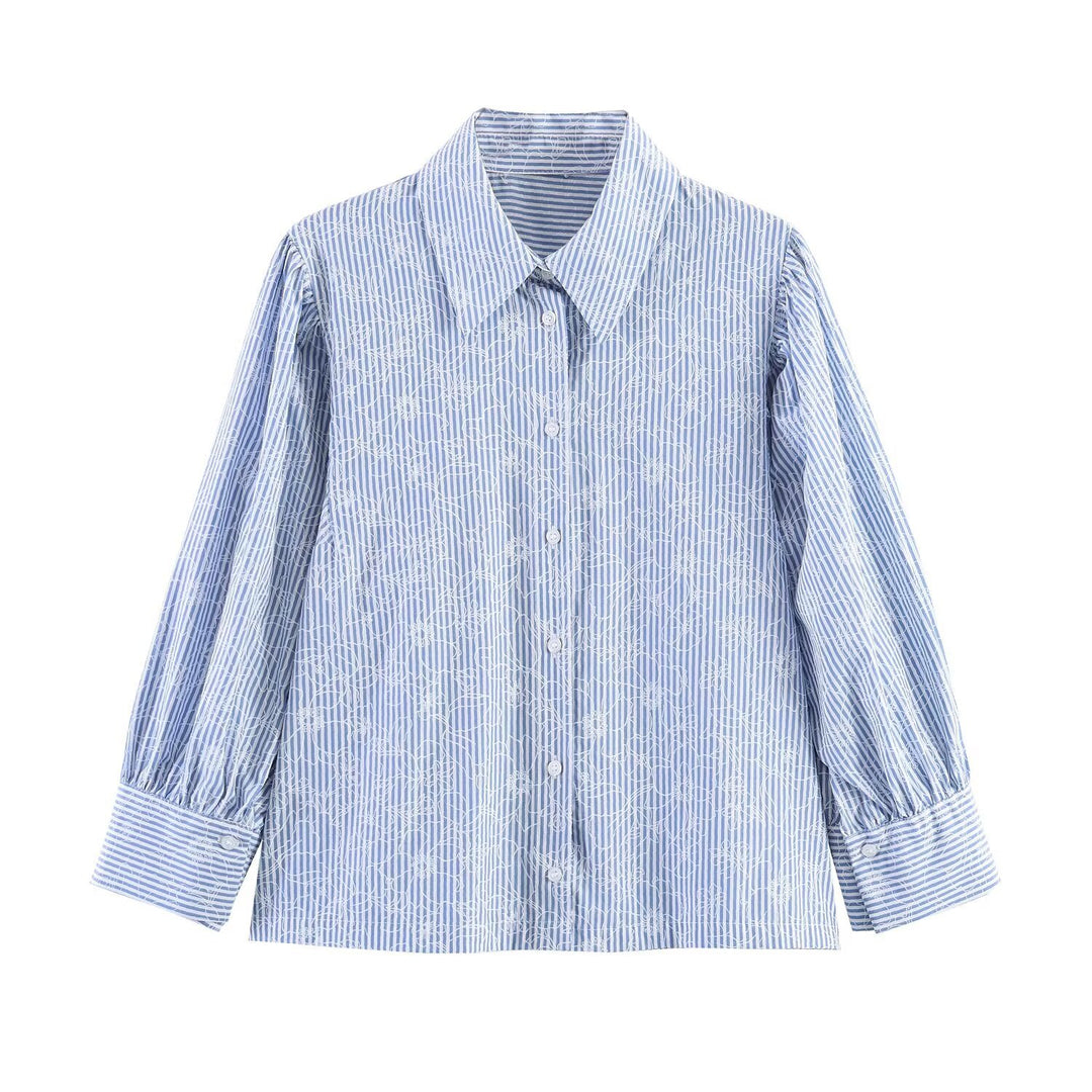 Damen Gestreifte Baumwollbluse mit Puffärmeln und Tonaler Stickerei Echo Archiv