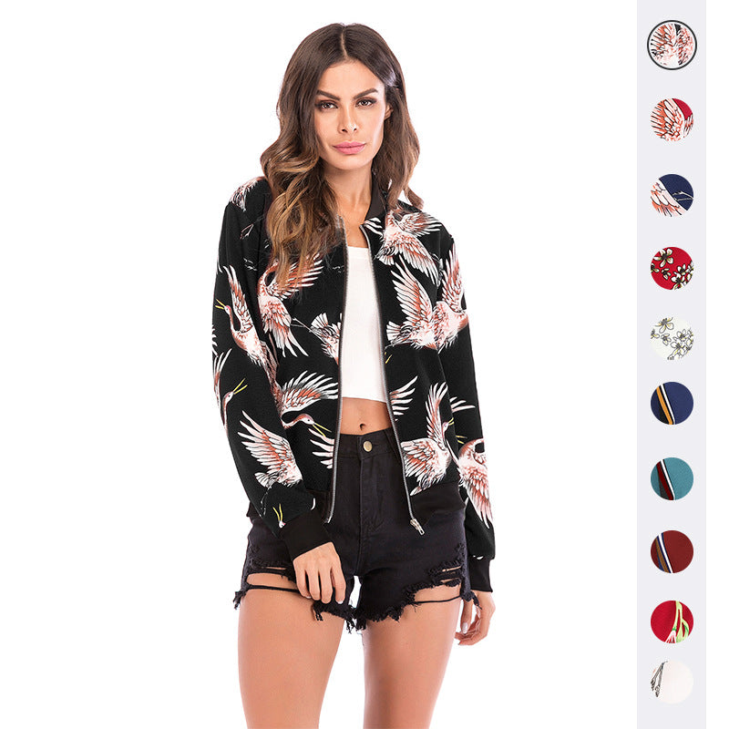 Damen Bedruckte Bomberjacke mit Kranich‑Motiv, Reißverschluss & Rippbündchen – Avenza