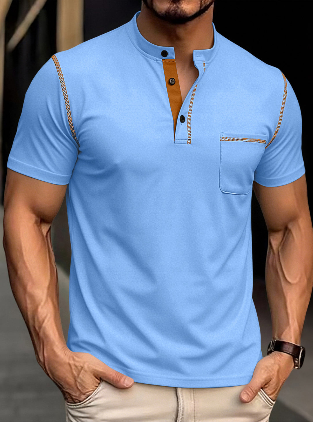 Herren nan modernes Kurzarm-Henley mit Stehkragen, Kontrastnähten und aufgesetzter Brusttasche Echo Archiv