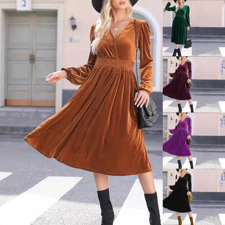 Damen Midikleid aus Samt mit V-Ausschnitt, geraffter Smock-Taille und langen Ballonärmeln – Élara