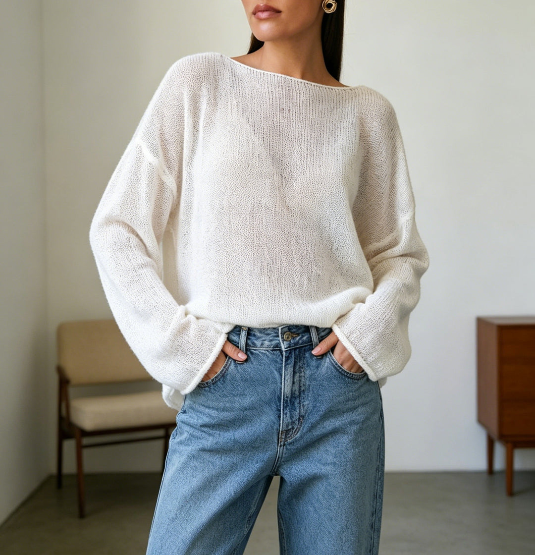 Damen luftiger Oversize-Feinstrickpullover mit weitem Arm und Rundhalsausschnitt – Mavelle