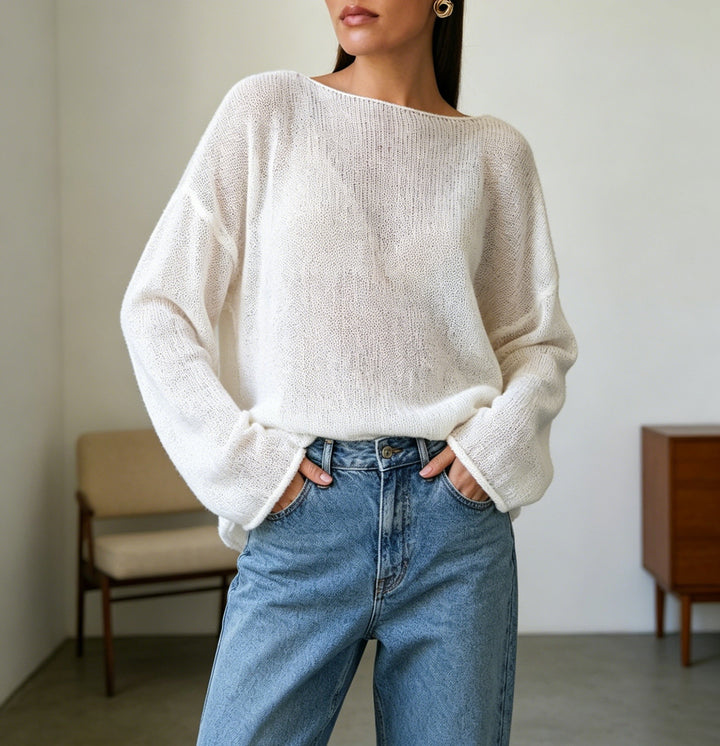 Damen luftiger Oversize-Feinstrickpullover mit weitem Arm und Rundhalsausschnitt – Mavelle