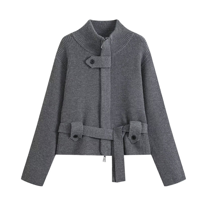 Damen Kurzgestrickte Taillierte Strickjacke mit Stehkragen und Taillengurt Echo Archiv