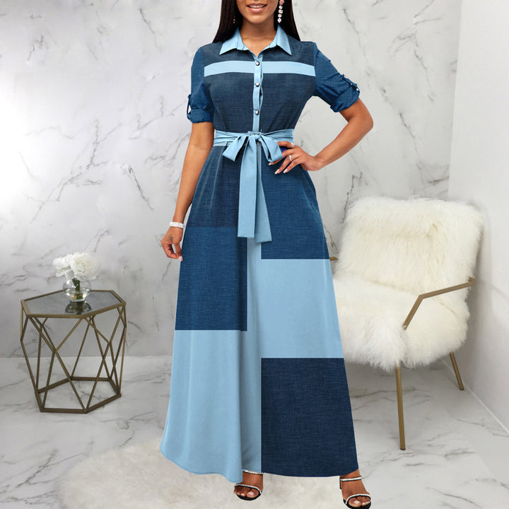 Damen Maxikleid Hemdblusenstil mit Taillengürtel und Blockpatch-Design Echoarchiv