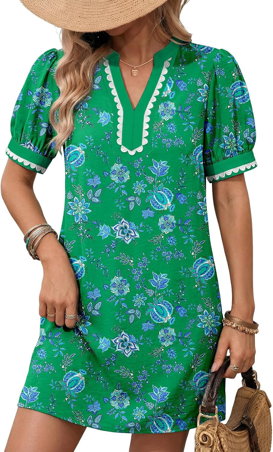 Damen Lockeres A-Linien Minikleid mit Puffärmeln, V‑Notch und kontrastierter Zierborte Echo Archiv