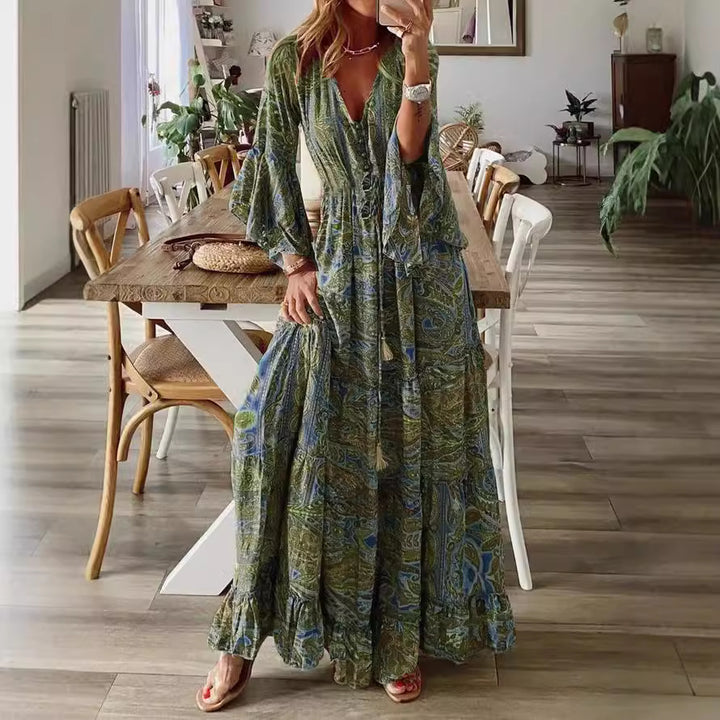 Damen Boho Maxikleid mit Paisley-Print, V-Ausschnitt, Stufenrock und Bindegürtel Echoarchiv
