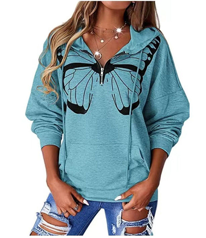 Damen Kapuzenpullover mit halbhohem Reißverschluss und Schmetterlingsprint – Auréline