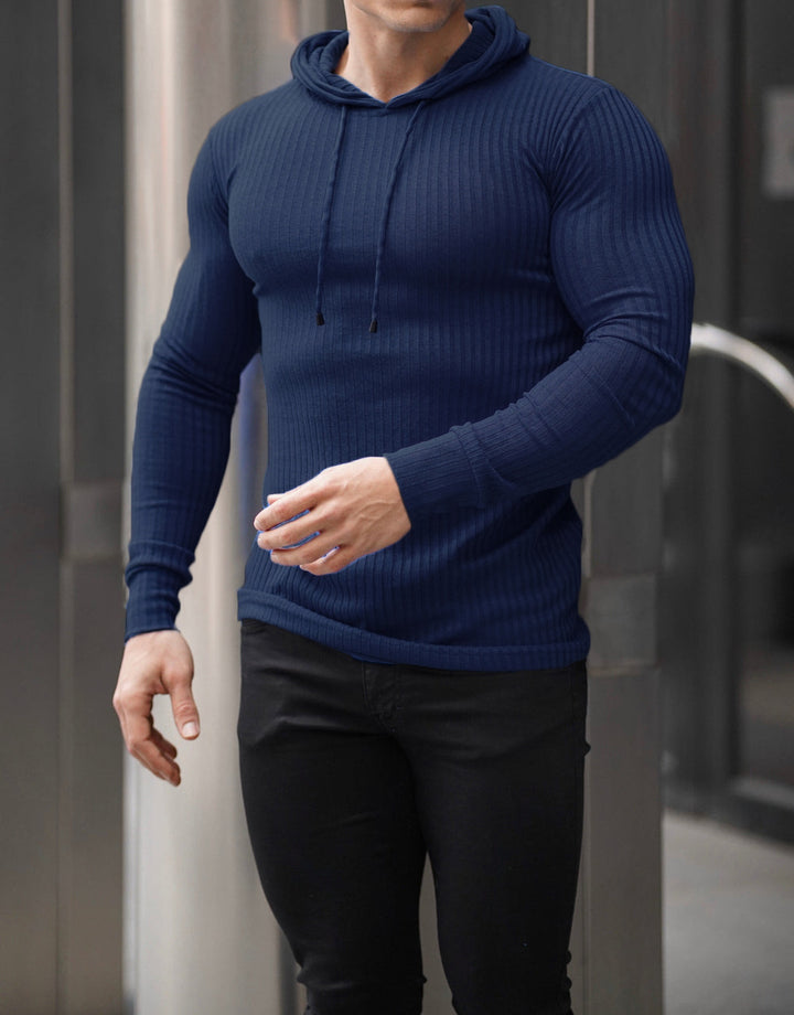 Herren eng anliegendes Rippstrick-Kapuzenlongsleeve mit Slim-Fit und Elastikanteil – Cavarno