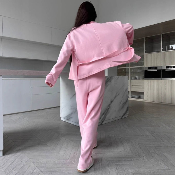 Damen Zweiteiliges Loungewear-Set mit tailliertem Blouson, Bindegürtel und weiter Palazzo-Hose – Élanora
