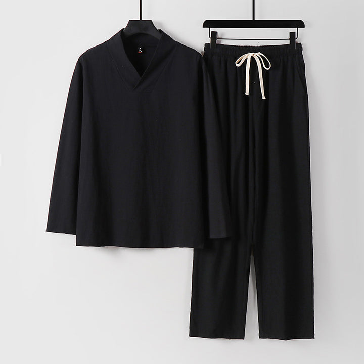 Unisex Zen-inspiriertes Leichtes Loungewear-Set mit V-Ausschnitt-Shirt und Elastischer Kordelbund-Hose Echoarchiv