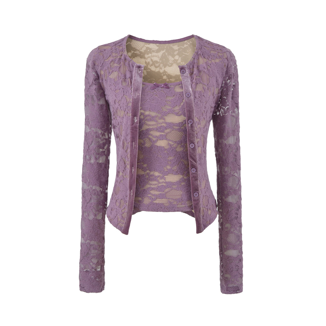 Damen Feiner Spitzen-Cardigan mit passendem Untertop und Samtbesatz Echoarchiv
