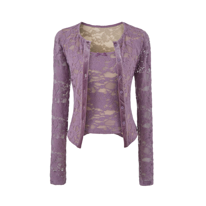 Damen Feiner Spitzen-Cardigan mit passendem Untertop und Samtbesatz Echoarchiv
