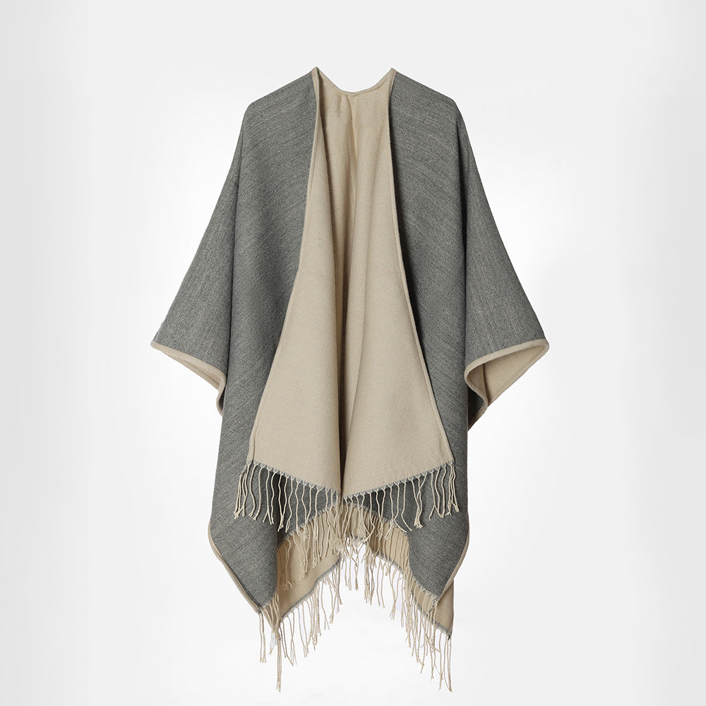 Damen Zweilagiger Oversize-Cape mit Fransen und offenem Wasserfall-Schnitt – Avérine