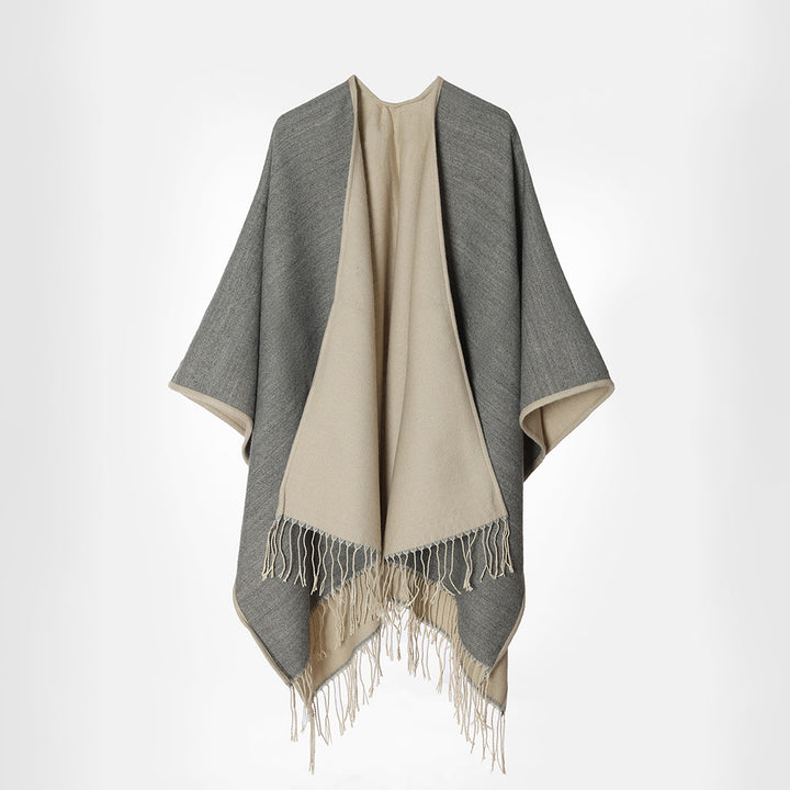 Damen Zweilagiger Oversize-Cape mit Fransen und offenem Wasserfall-Schnitt – Avérine