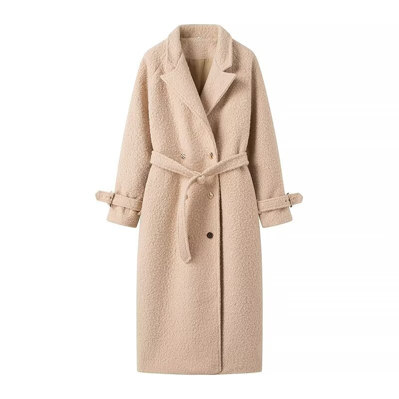 Damen langer Teddy-Mantel mit Taillengürtel zweireihiger Knopfleiste und Manschettenriemen – Montévia