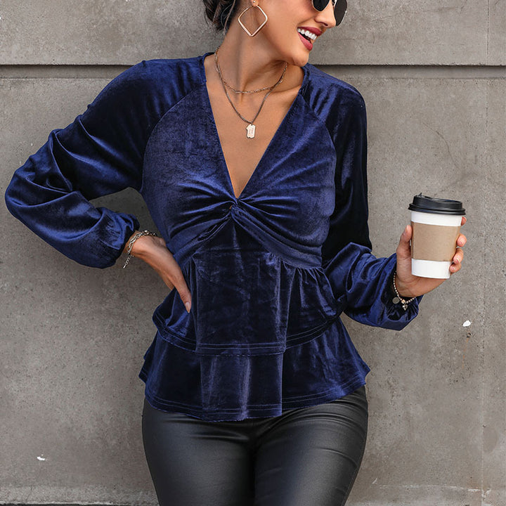 Damen Samtbluse mit tiefem V-Ausschnitt, Twist-Detail und zweistufigem Volant Echoarchiv