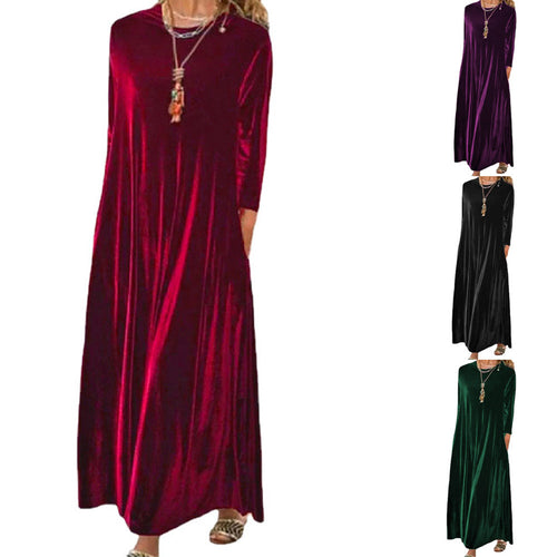 Damen Langes samtiges Maxikleid mit Rundhalsausschnitt, halblangen Ärmeln und seitlichen Taschen – Valéora