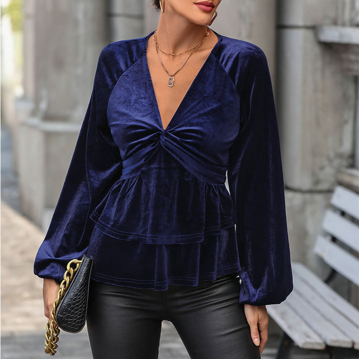Damen Samtbluse mit tiefem V-Ausschnitt, Twist-Detail und zweistufigem Volant Echoarchiv