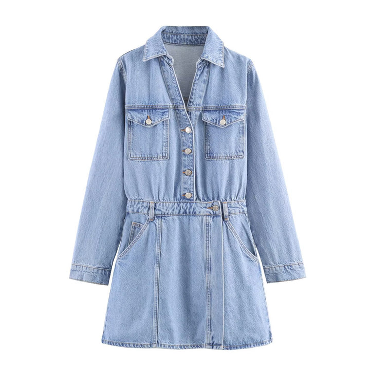 Damen Tailliertes Jeanskleid mit Bindegürtel, Hemdblusenkragen und Pattentaschen Echo Archiv